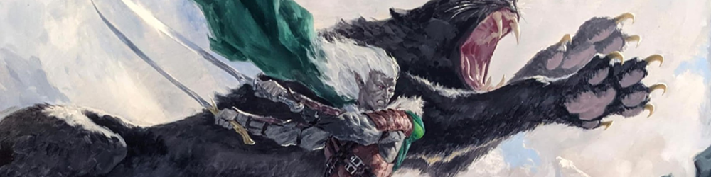 Drizzt, the drow Ranger jumps through the air with two swords slashing downward on a frost giant, with a huge black panther with claws and fangs bared jumping with him. Art by Taylor Jacobson, copyright Wizards of the Coast.